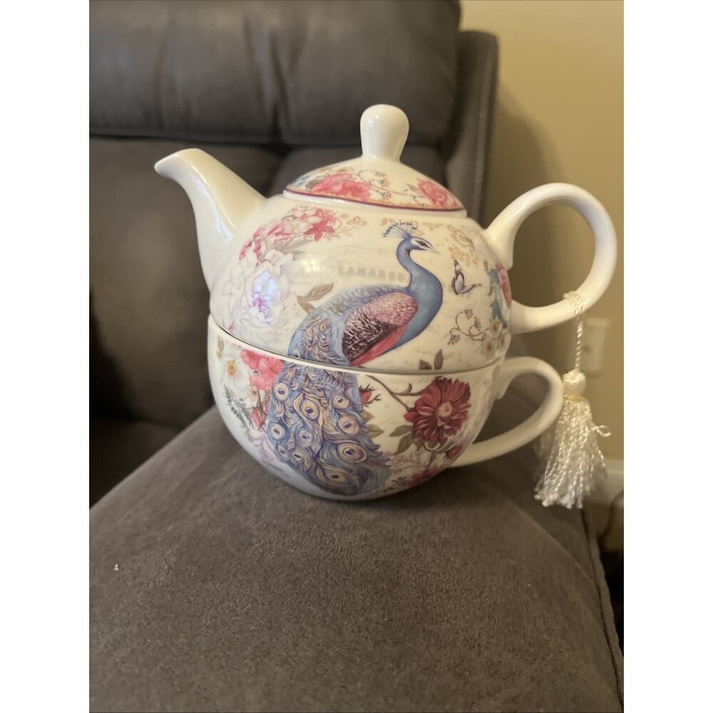 Peacock Tea For One Set Stackable Teapot Cup Mug Floral Pink Gold Tassel Luu BV - Picture 9 of 11
